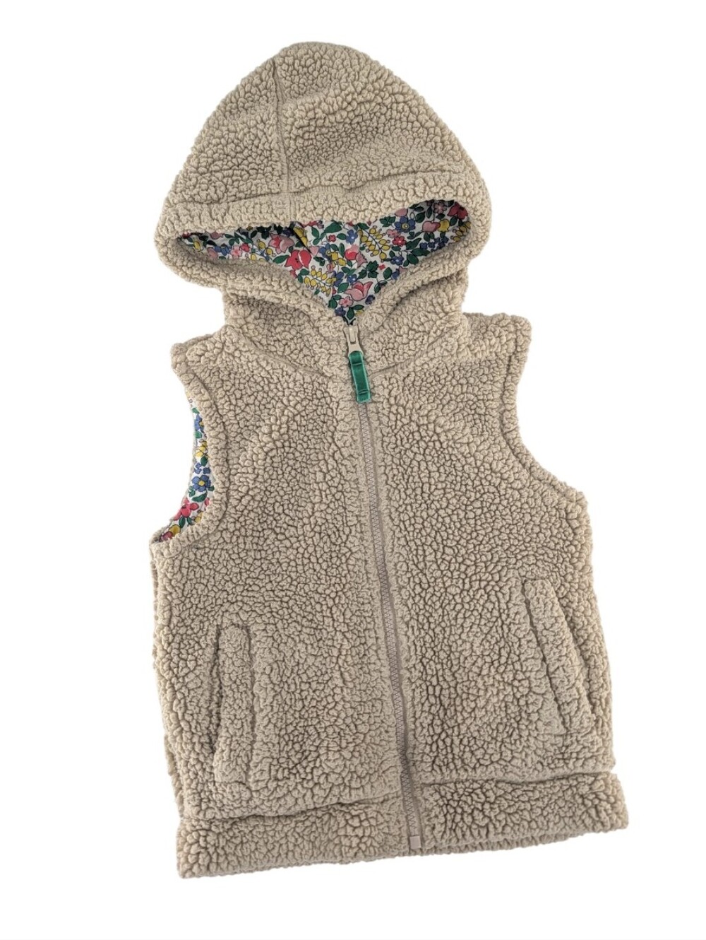 Mini Boden Hooded Sherpa Vest in Beige with Floral Lining Girls Size 4/5
